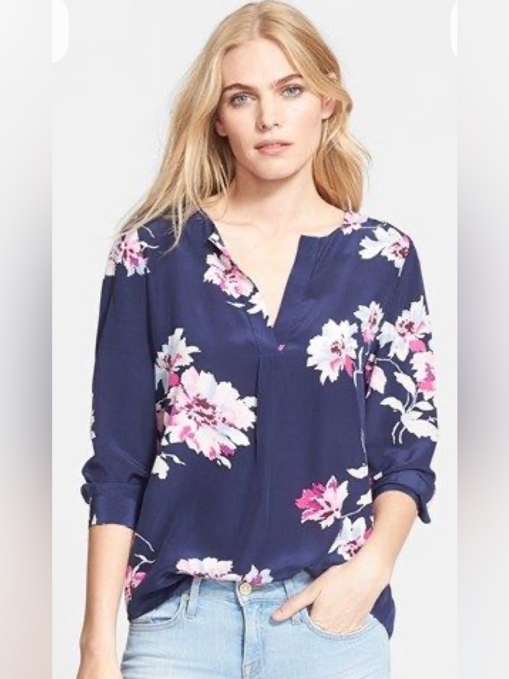 Joie “Deon B” Navy Floral Split-Neck Blouse with Pink & White Blooms